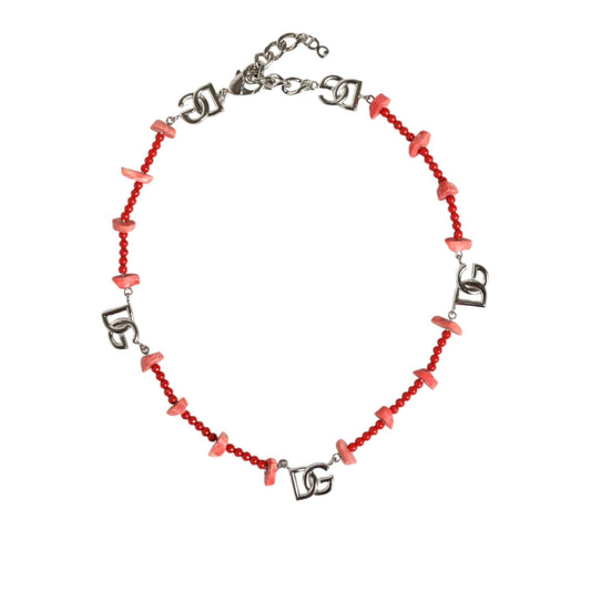 Dolce & Gabbana Silver Tone Brass Beaded Resin DG Logo Chain Necklace Necklace