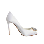 Dolce & Gabbana White Crystals Peep Toe Satin Pumps Shoes