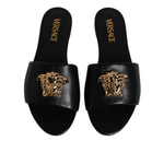 Versace Black Leather Logo Plaque Slip On Slides Flats Shoes