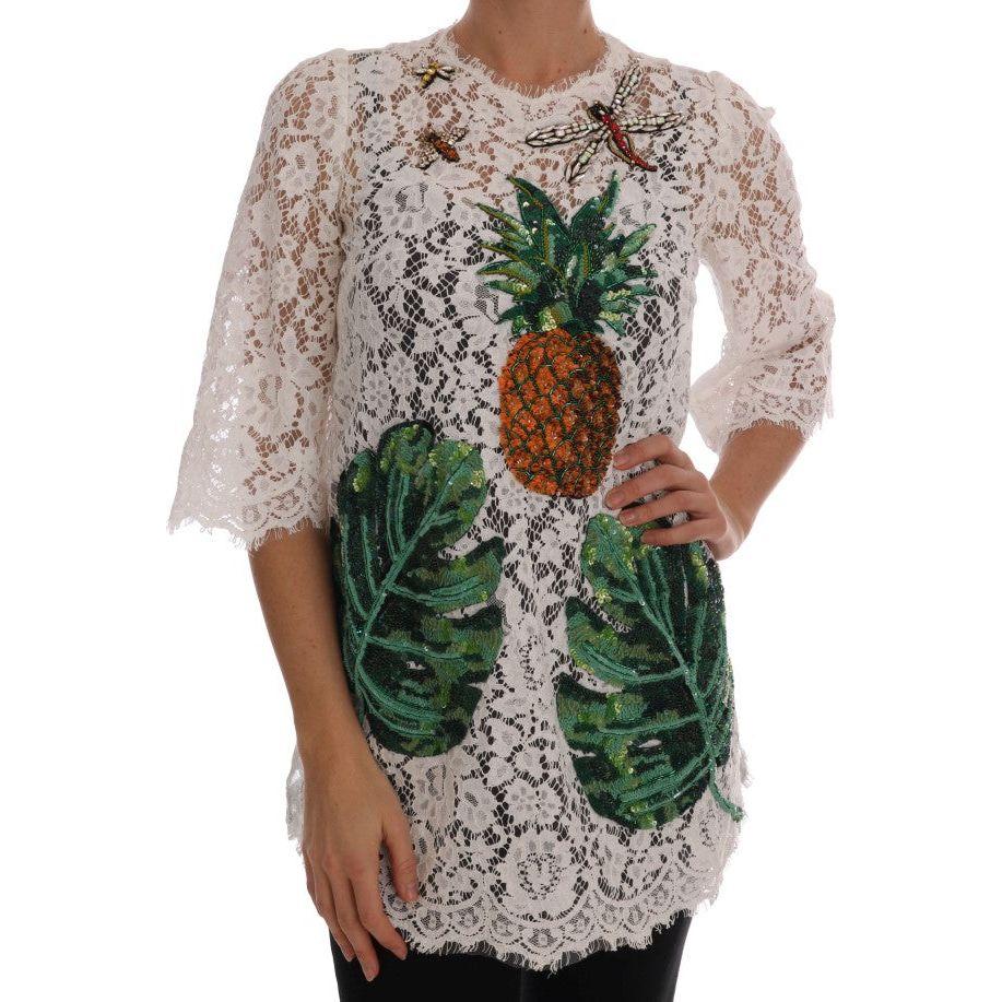 Dolce & Gabbana White Crystal Embellished Lace Blouse DR1358-1