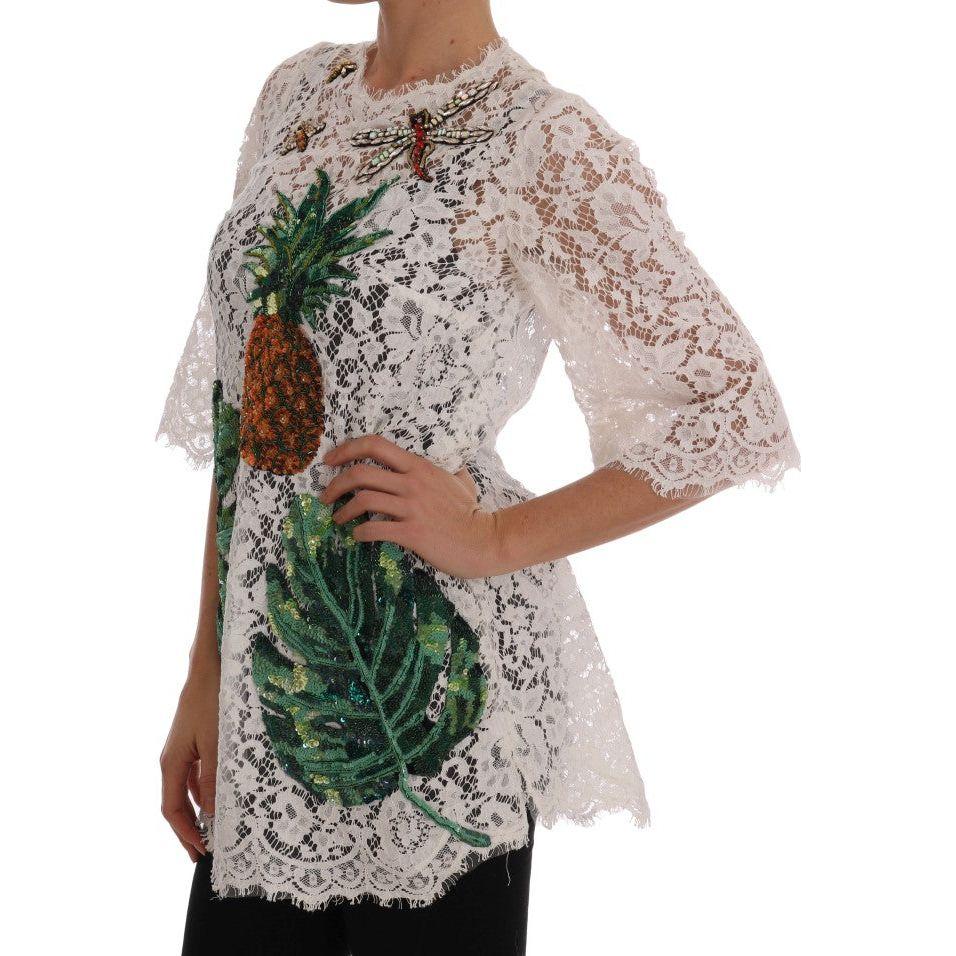 Dolce & Gabbana White Crystal Embellished Lace Blouse DR1358-1
