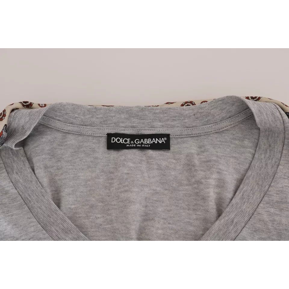 Dolce & Gabbana Gray Cotton Owl Silk Scarf Top T-shirt