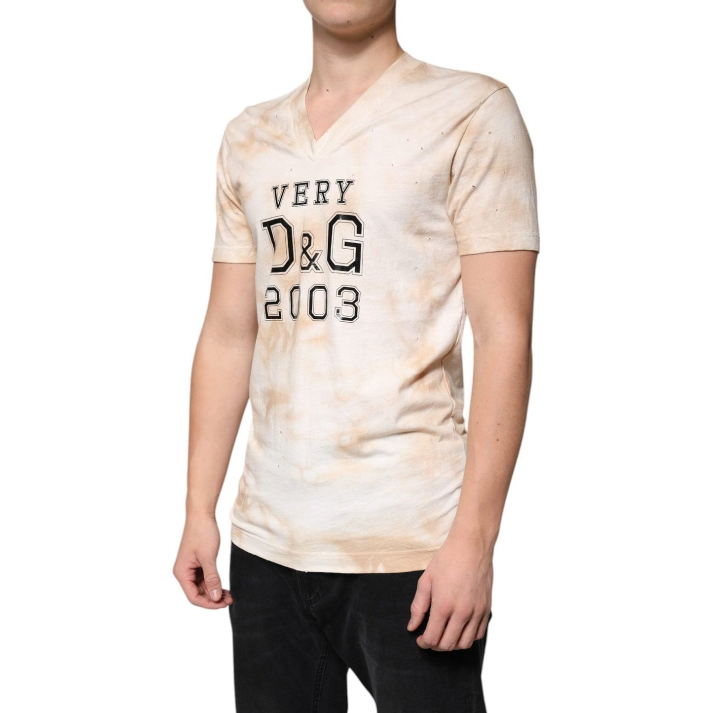 Dolce & Gabbana Beige Graphic Print Cotton V-neck T-shirt TSH87663-48