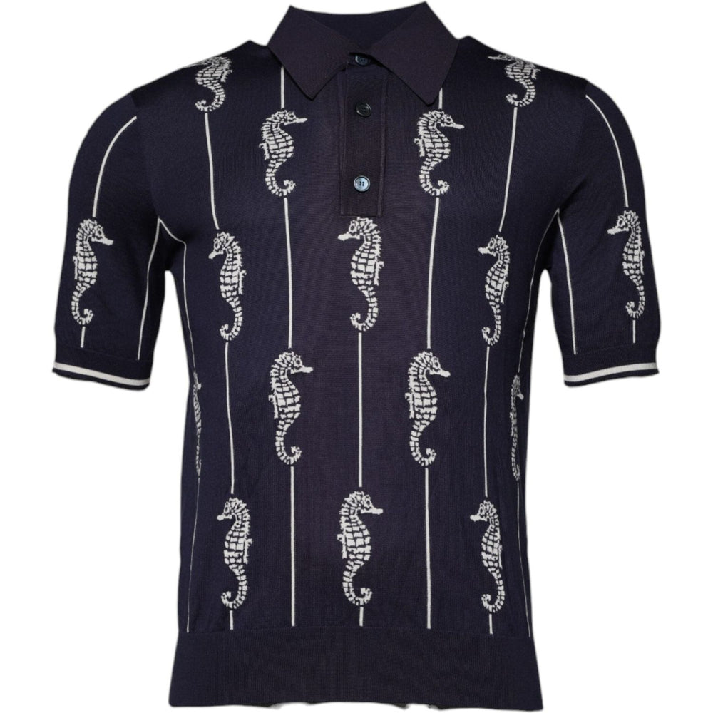 Dolce & Gabbana Dark Blue Sea Horse Collared Polo T-shirt