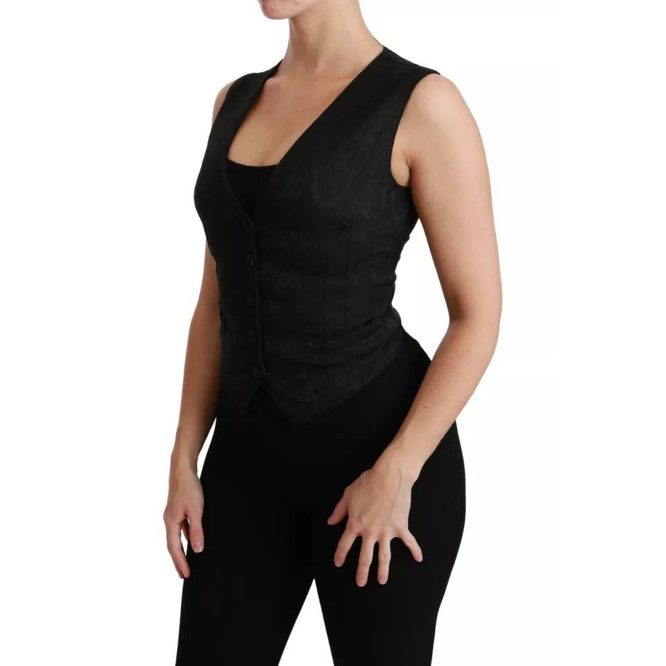 Dolce & Gabbana Black Lace Waistcoat Slim Vest Silk Top
