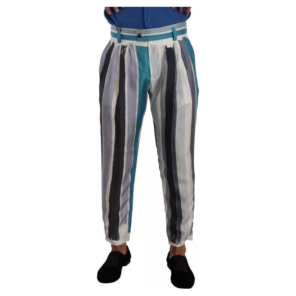 Dolce & Gabbana Blue Striped Silk Tapered Pants