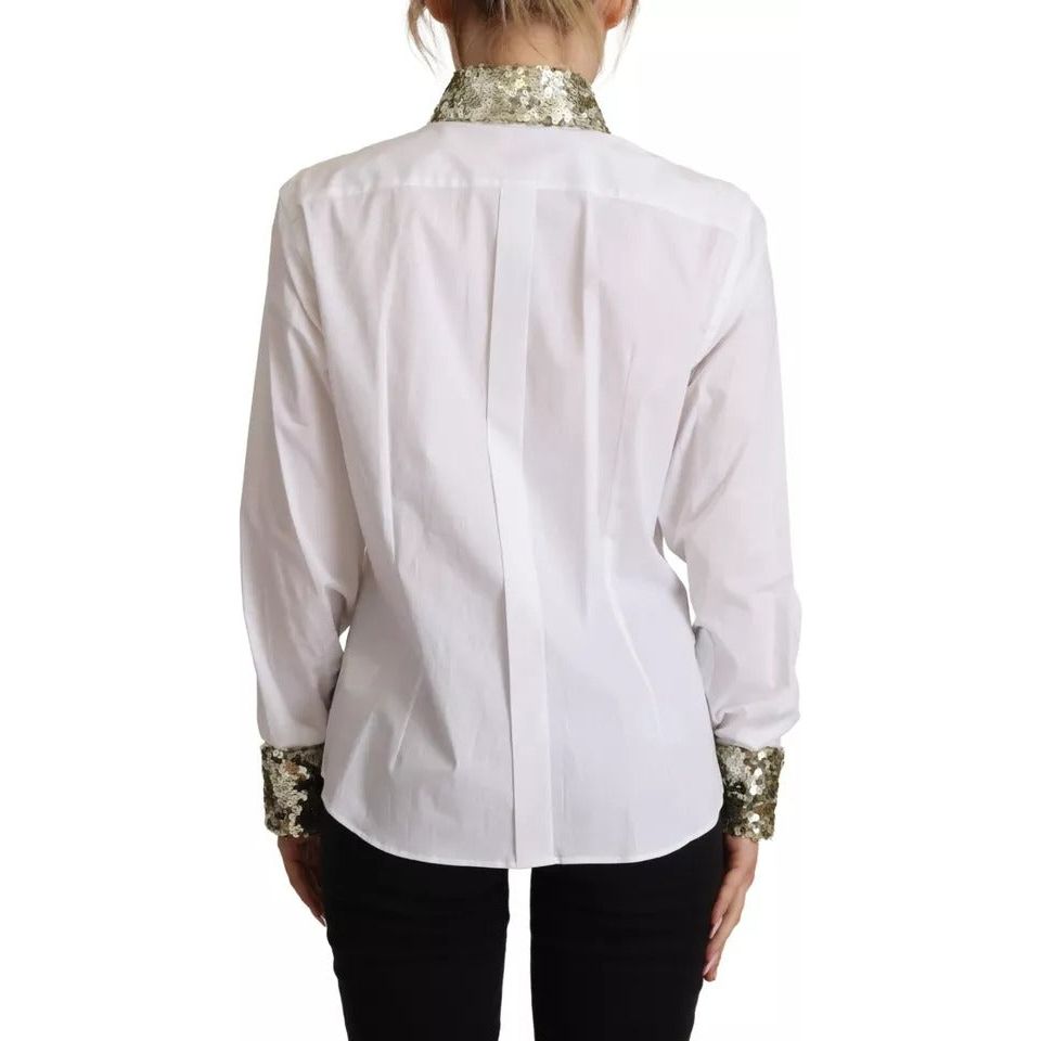 Dolce & Gabbana White Cotton Collared Long Sleeves Sequin Top Shirt