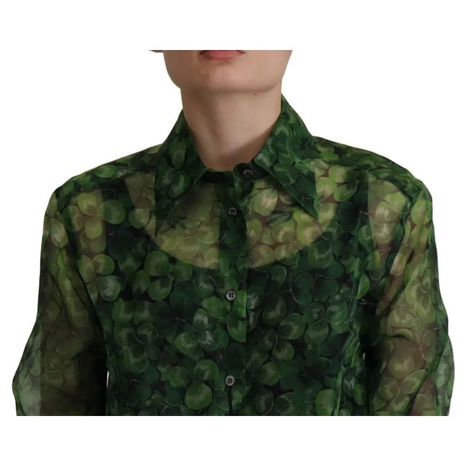 Dolce & Gabbana Green Clover Print Long Sleeves Collared Top Blouse