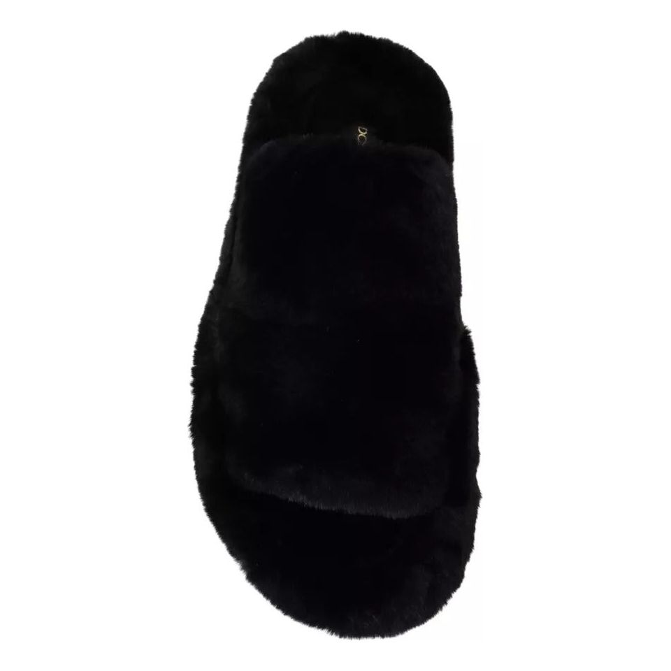 Dolce & Gabbana Black Polyester Faux Fur Mens Flats Sandals Shoes