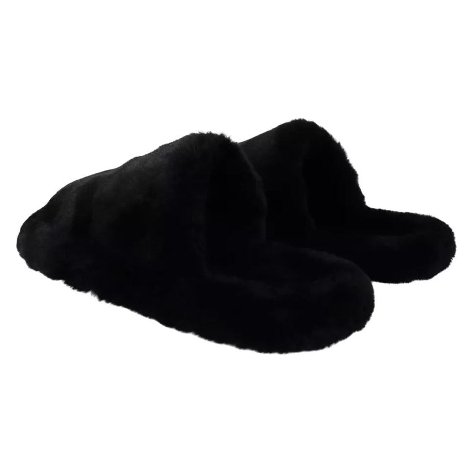 Dolce & Gabbana Black Polyester Faux Fur Mens Flats Sandals Shoes