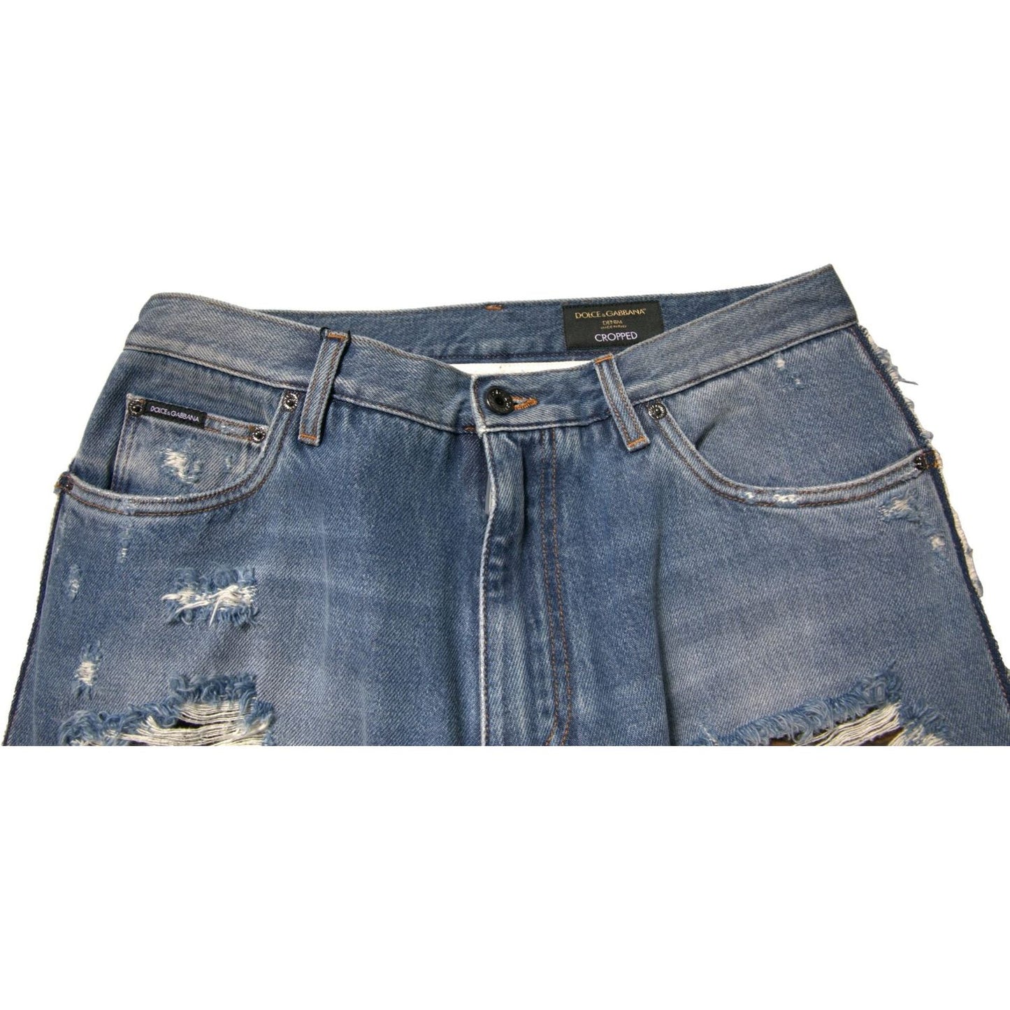 Dolce & Gabbana Blue Tattered Straight Cropped Denim Jeans