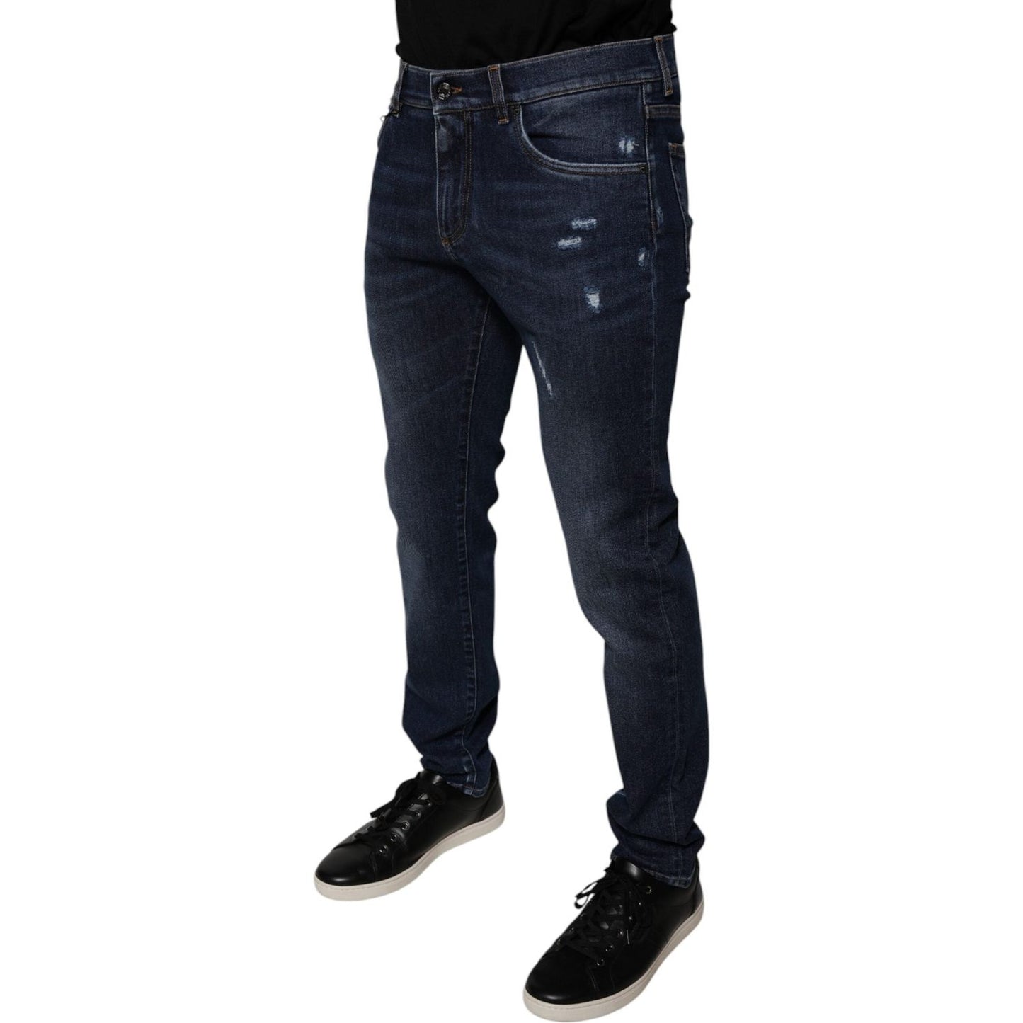 Dolce & Gabbana Dark Blue Cotton Logo Skinny Denim Jeans