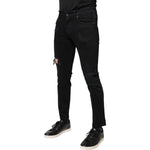 Dolce & Gabbana Black Cotton Tattered Skinny Denim Logo Jeans
