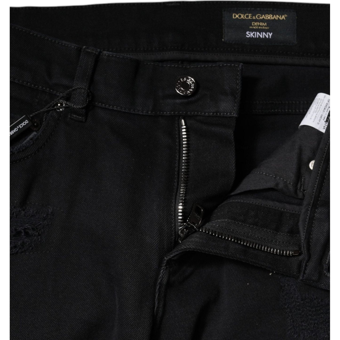 Dolce & Gabbana Black Cotton Tattered Skinny Denim Logo Jeans