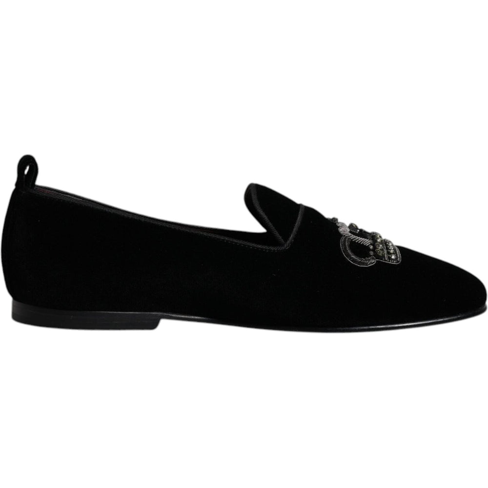 Dolce & Gabbana Black Velvet Crystal Crown Loafers Formal Dress Shoes