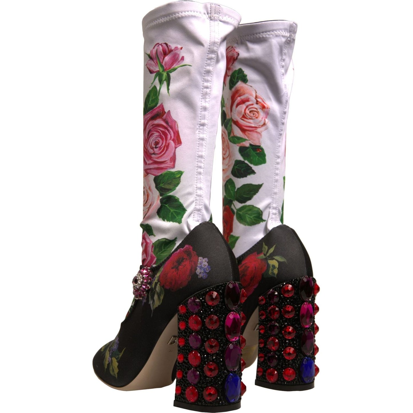 Dolce & Gabbana Black Floral Socks Crystal Boots Jersey Shoes