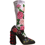 Dolce & Gabbana Black Floral Socks Crystal Boots Jersey Shoes