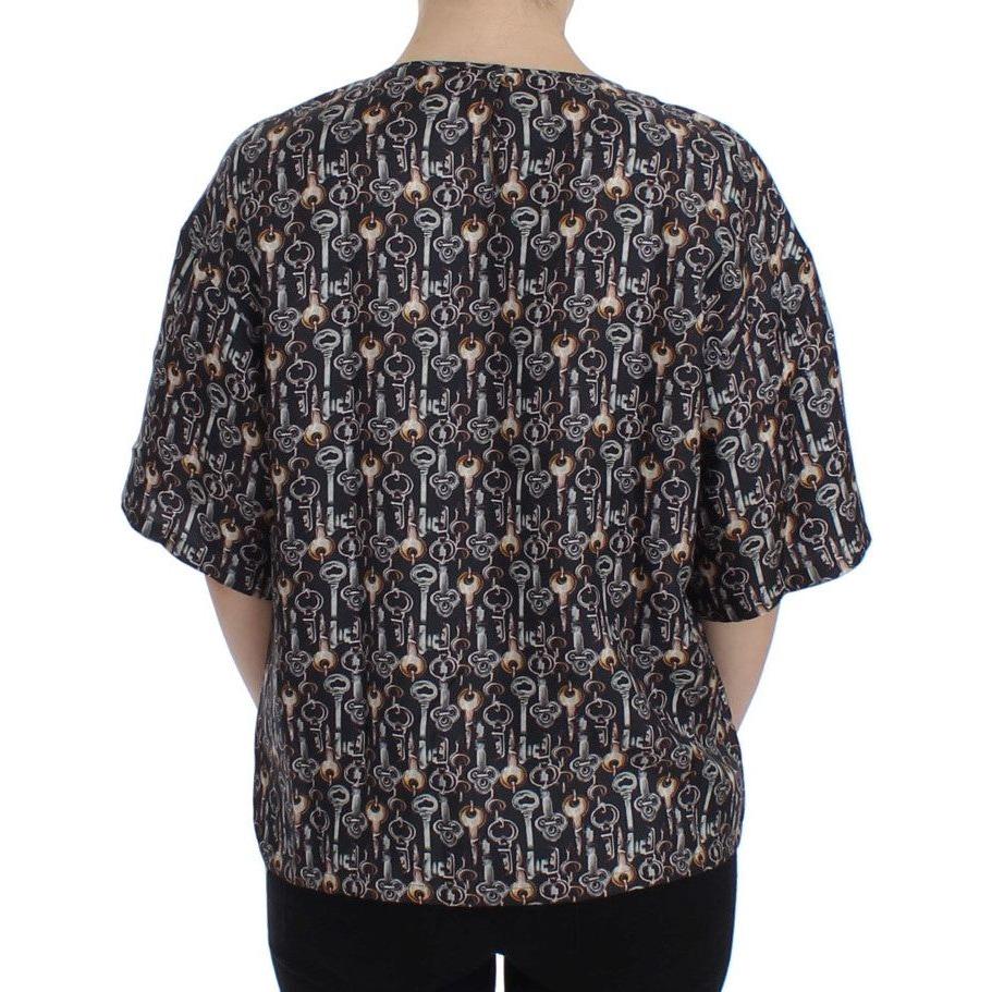 Dolce & Gabbana Gray Gold Key Print Silk Blouse T-shirt SIG13325-4