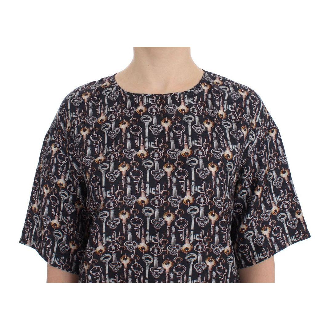 Dolce & Gabbana Gray Gold Key Print Silk Blouse T-shirt SIG13325-4