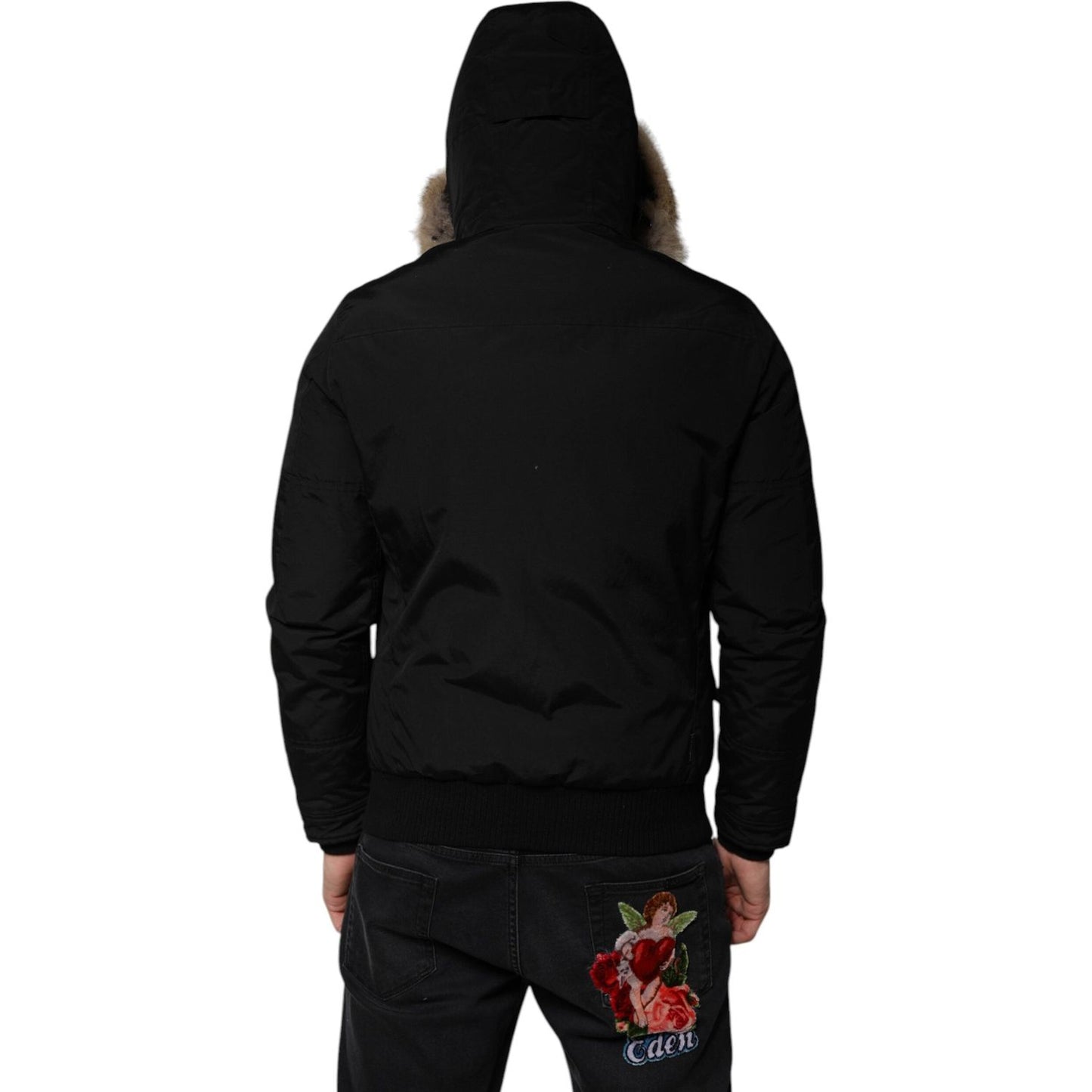 Woolrich Black Hooded Long Sleeves Fur Shearling Coat Jacket