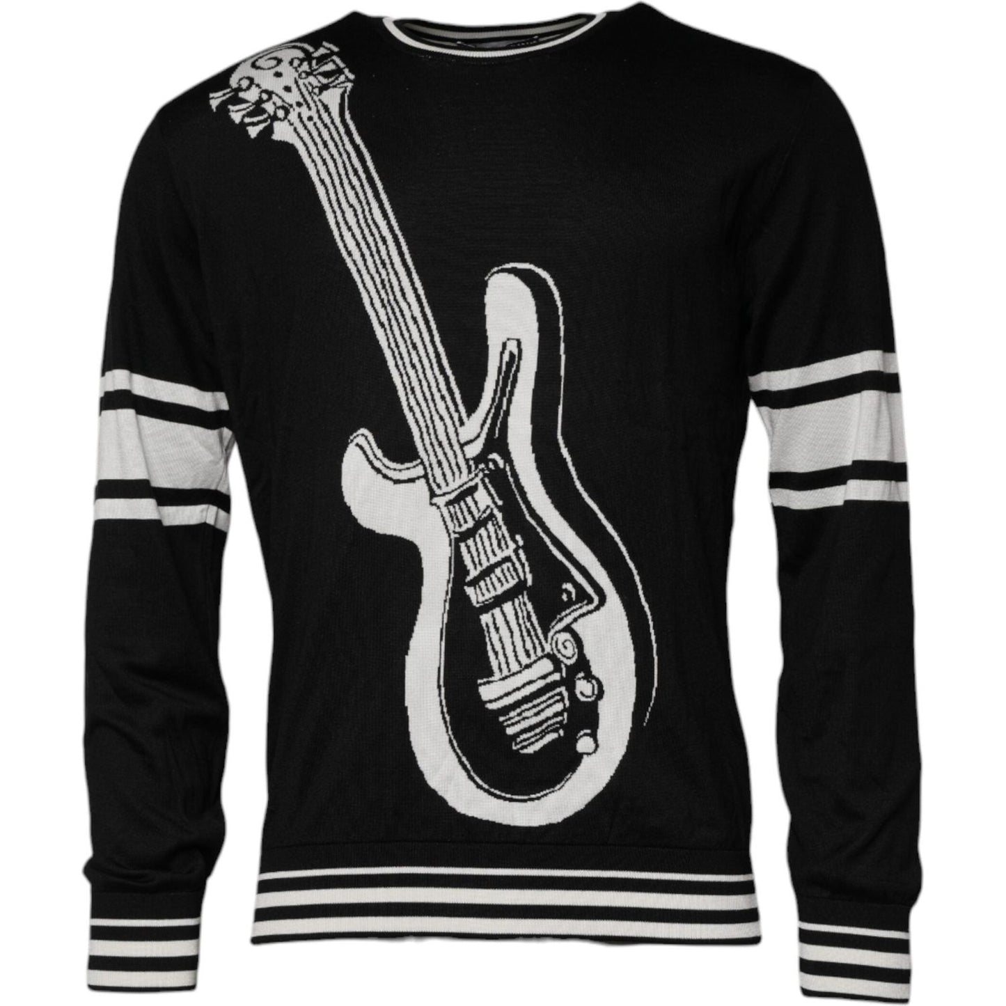 Dolce & Gabbana Black White Guitar Silk Crew Neck Sweater