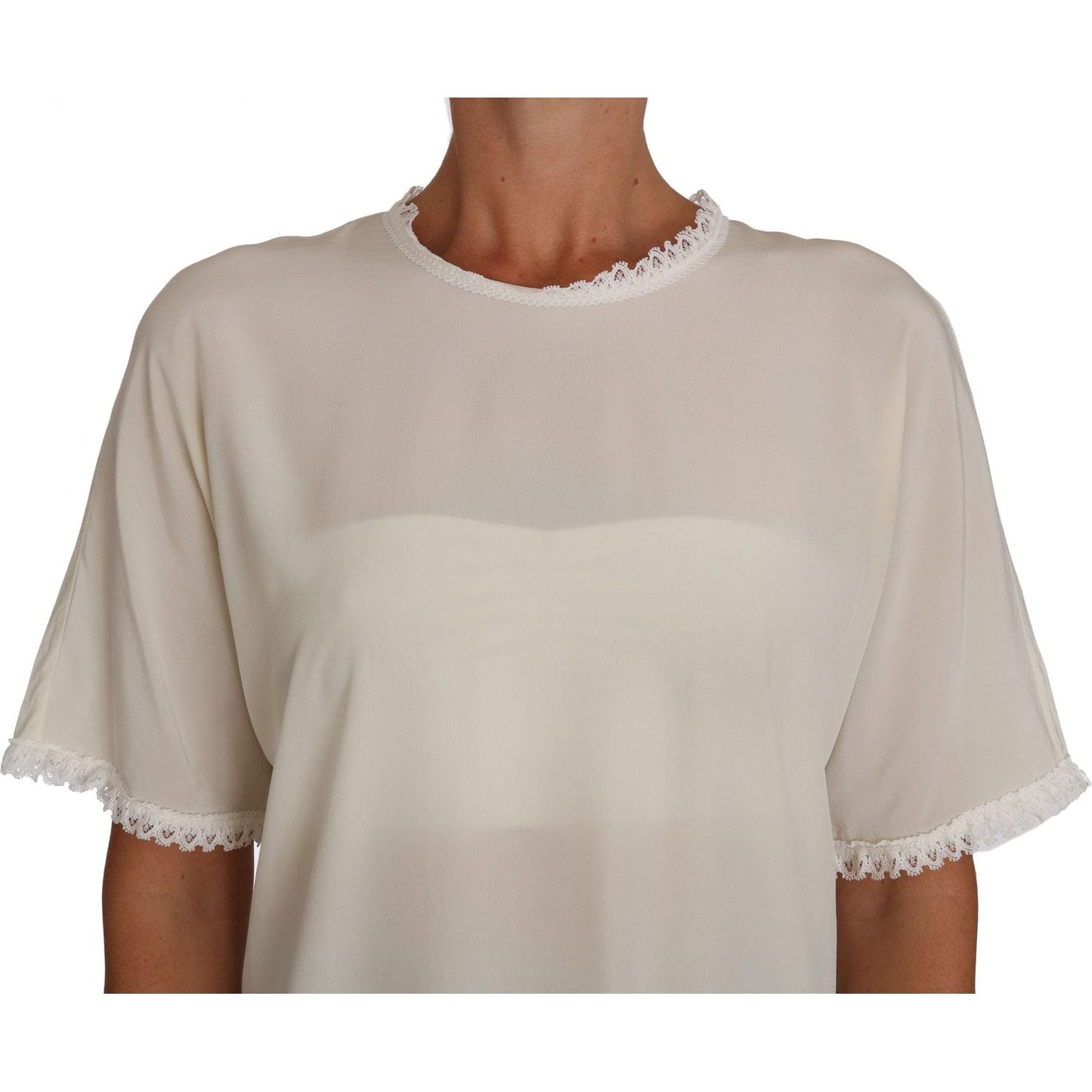 Dolce & Gabbana White Cream Silk Lace Top Blouse T-Shirt TSH2687#3- 44