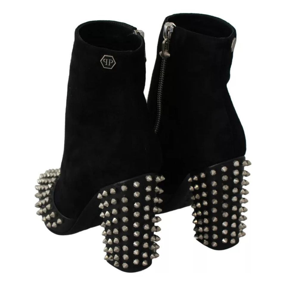 Philipp Plein Black Suede Studded Heels Ankle Boots Shoes