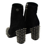 Philipp Plein Black Suede Studded Heels Ankle Boots Shoes
