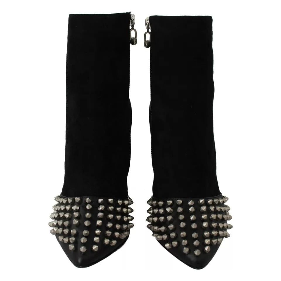 Philipp Plein Black Suede Studded Heels Ankle Boots Shoes