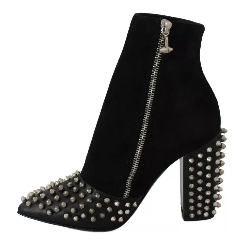 Philipp Plein Black Suede Studded Heels Ankle Boots Shoes