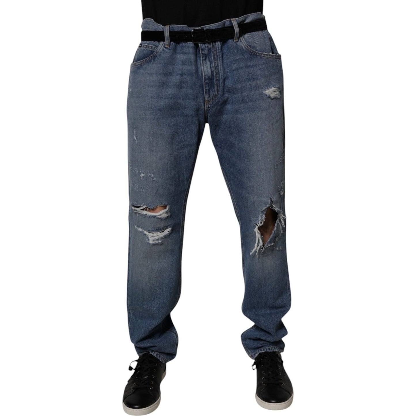 Dolce & Gabbana Blue Tattered Cotton Straight Denim Jeans
