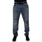 Dolce & Gabbana Blue Tattered Cotton Straight Denim Jeans