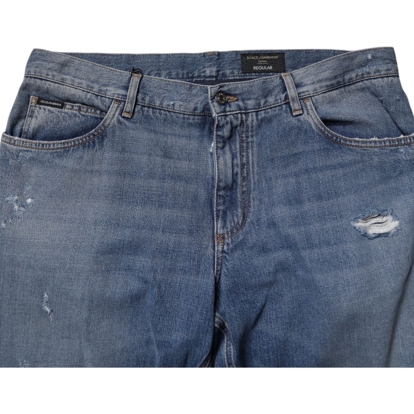 Dolce & Gabbana Blue Tattered Cotton Straight Denim Jeans