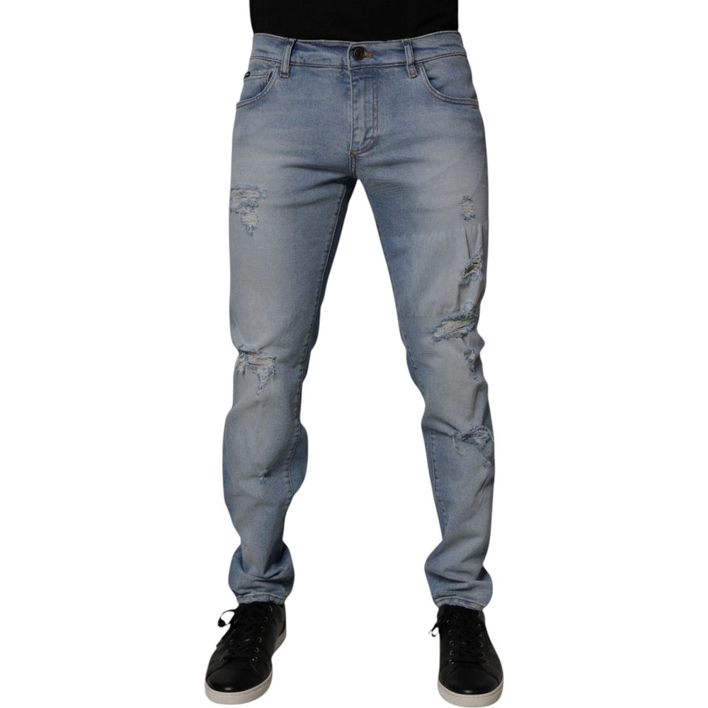 Dolce & Gabbana Blue Tattered Cotton Skinny Men Denim Jeans