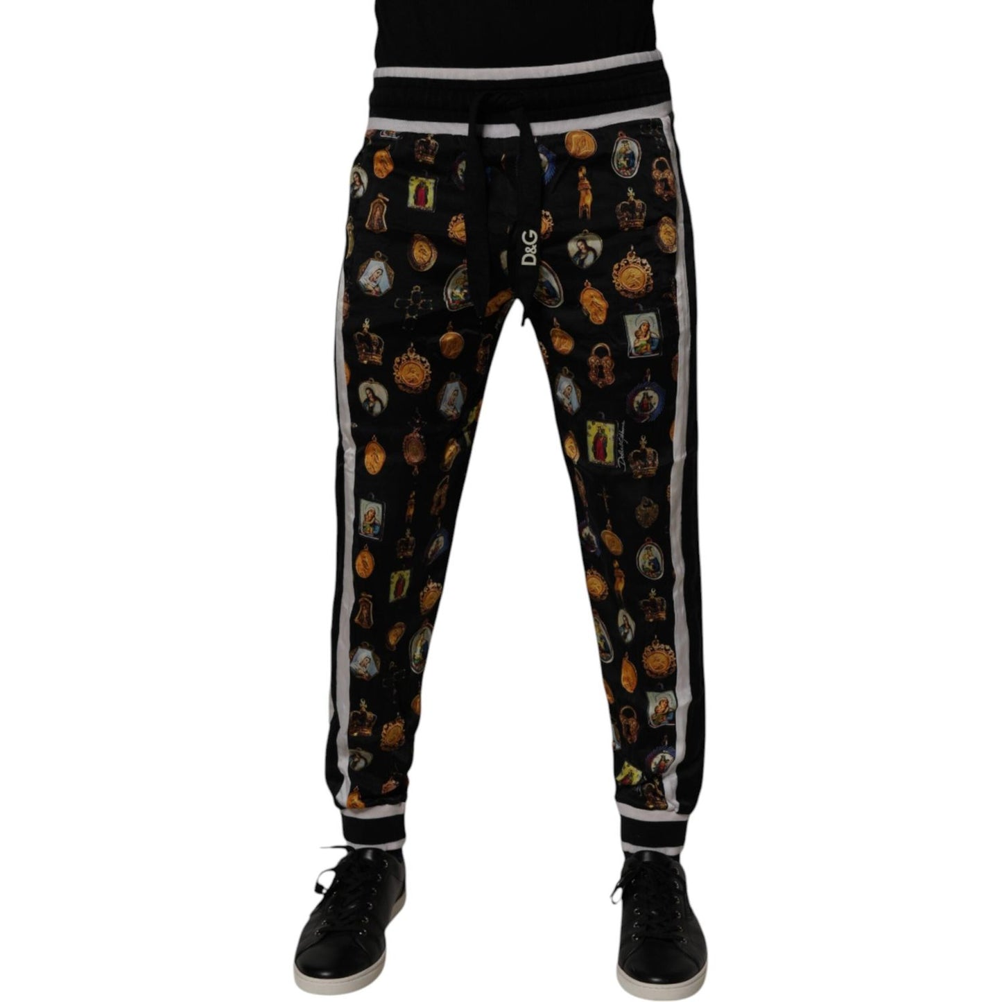 Dolce & Gabbana Black Religious Print Silk Men Jogger Pants
