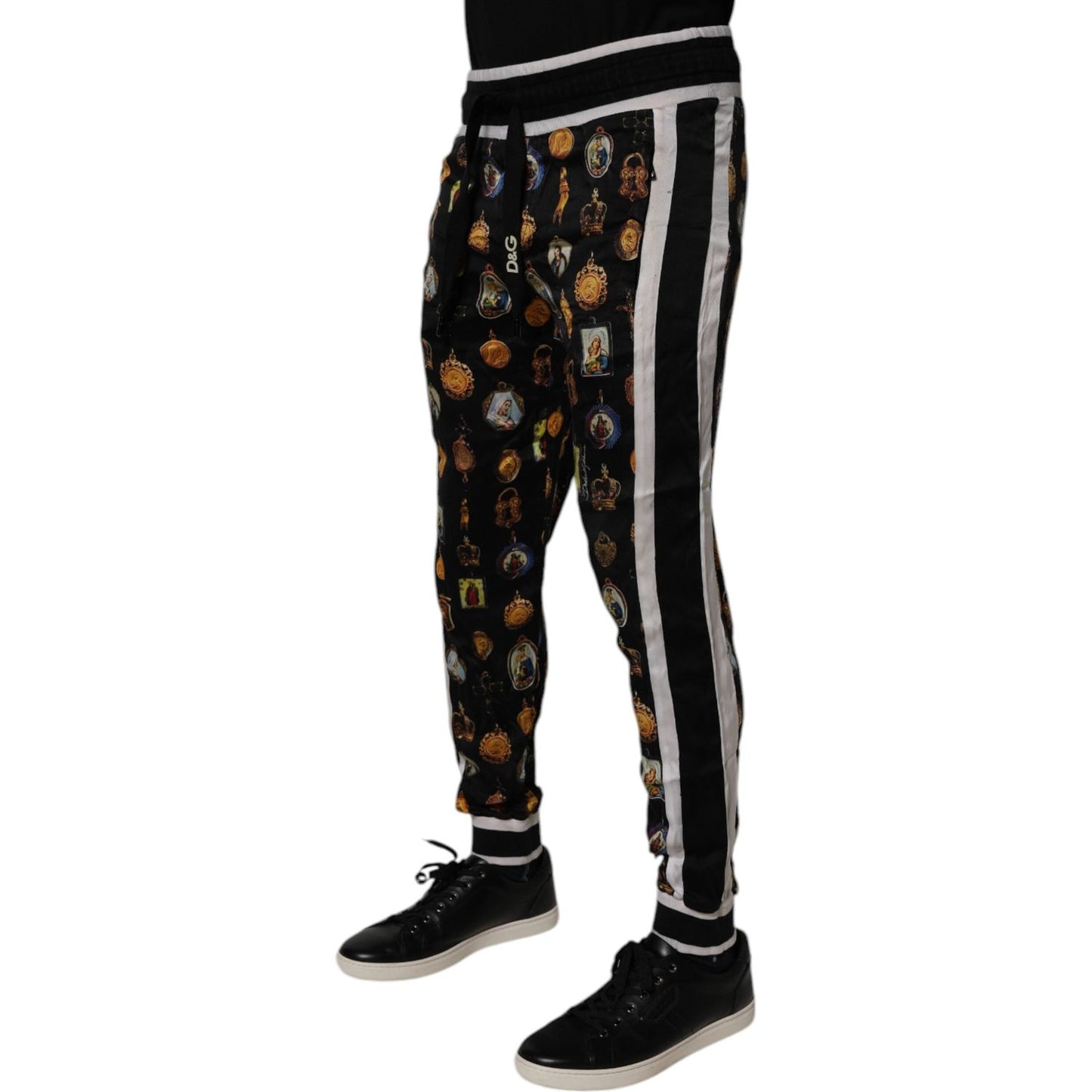 Dolce & Gabbana Black Religious Print Silk Men Jogger Pants