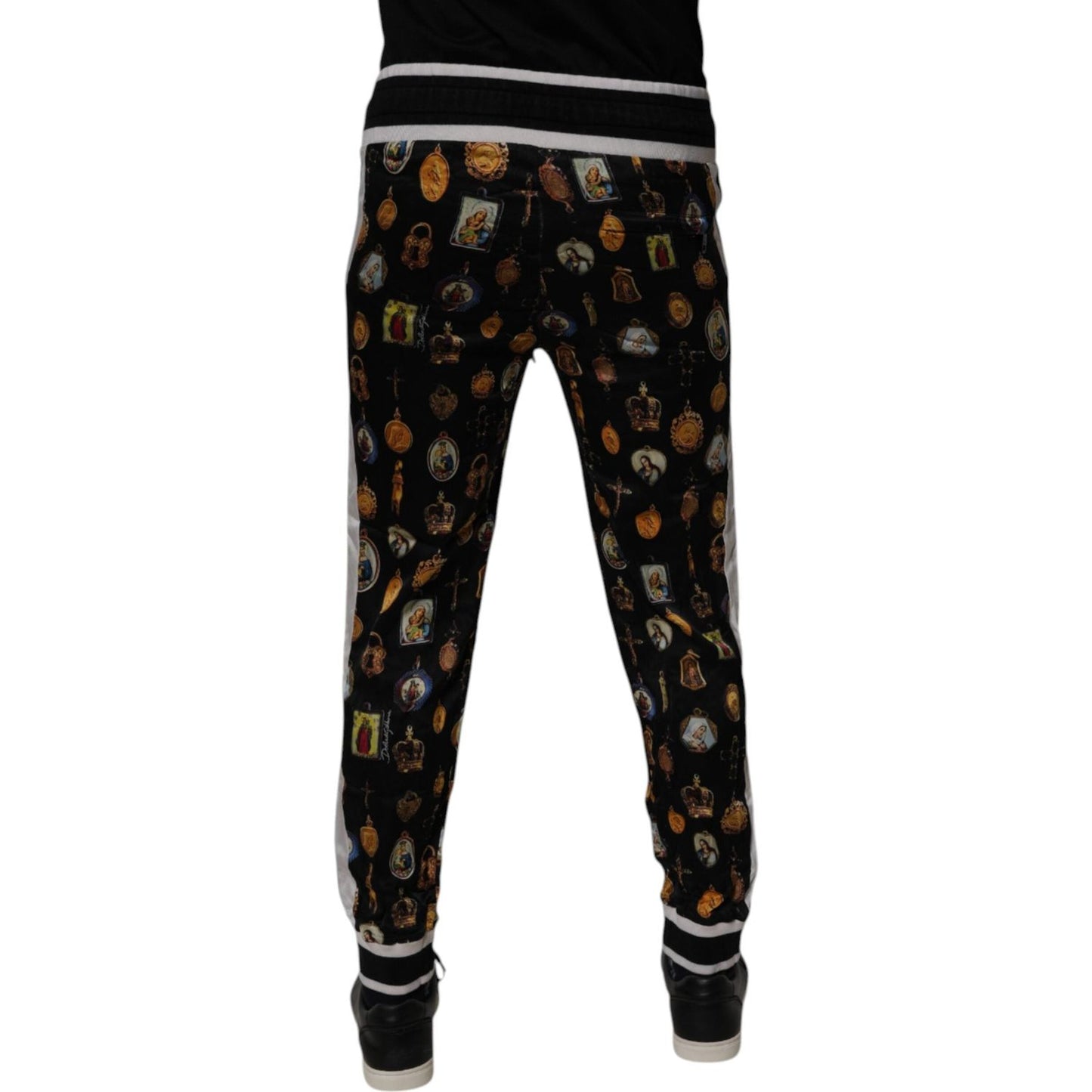 Dolce & Gabbana Black Religious Print Silk Men Jogger Pants