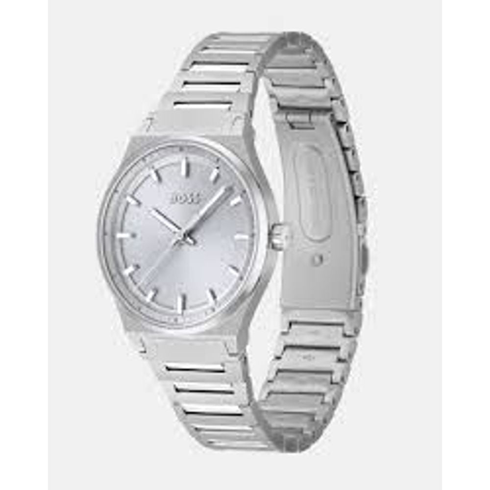 Hugo Boss Silver Stainless Steel Dress Watch with sky blue dial and silver bracelet; analog quartz movement, 50M water resistant