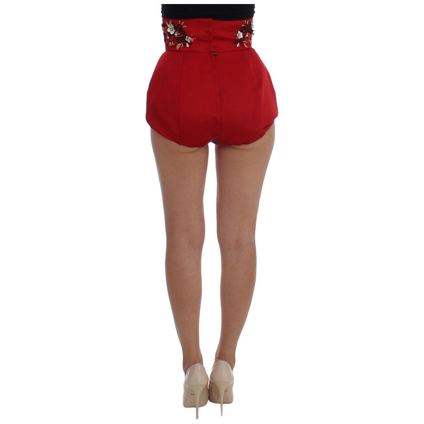 Dolce & Gabbana Red Silk Crystal Roses Shorts SIG20122-2