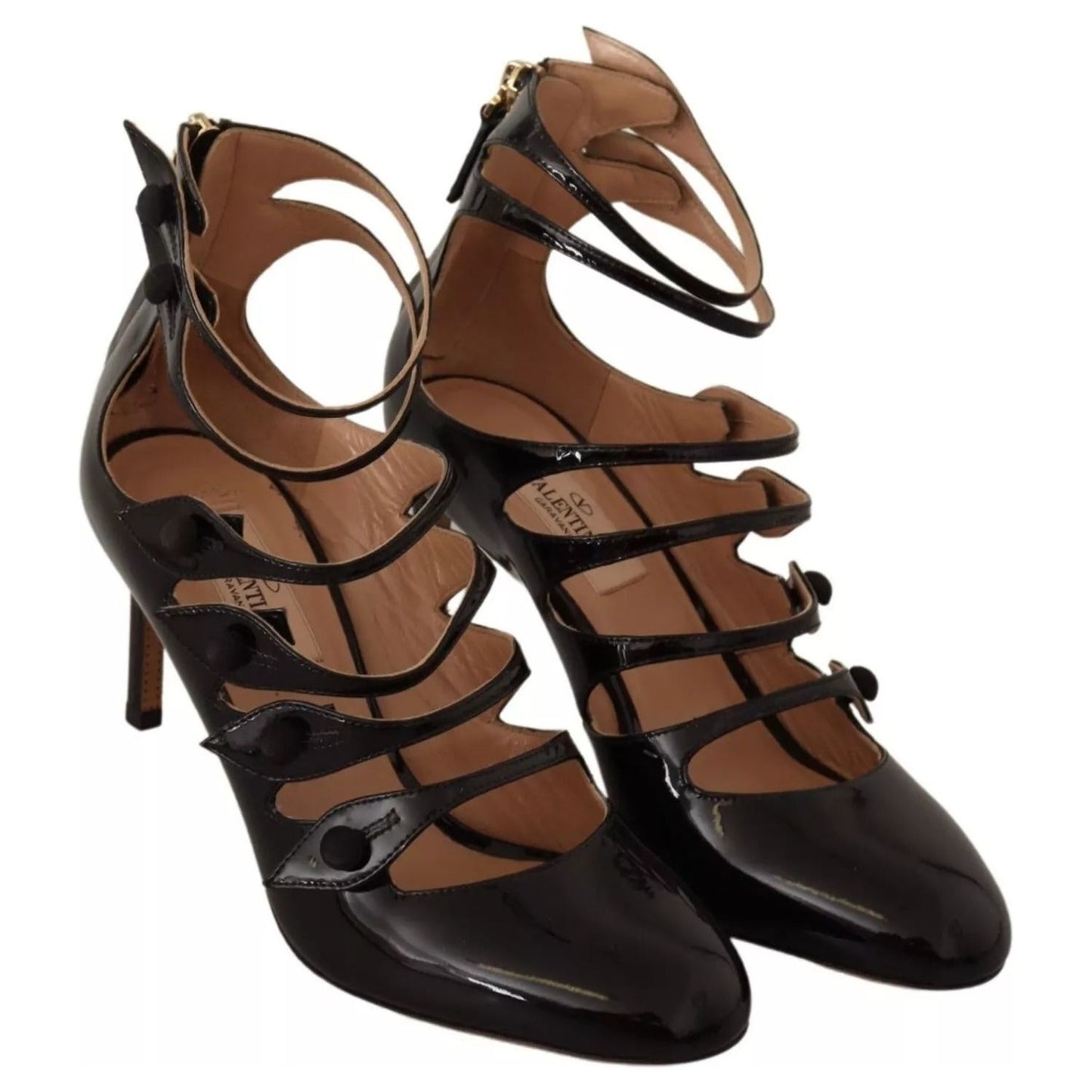 Valentino Black Multi Strap Leather Mid Heels Pumps Shoes