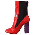 GCDS Red Leather Black Fabric Logo Heel Ankle Boots Shoes
