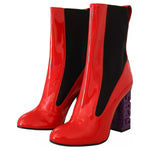 GCDS Red Leather Black Fabric Logo Heel Ankle Boots Shoes
