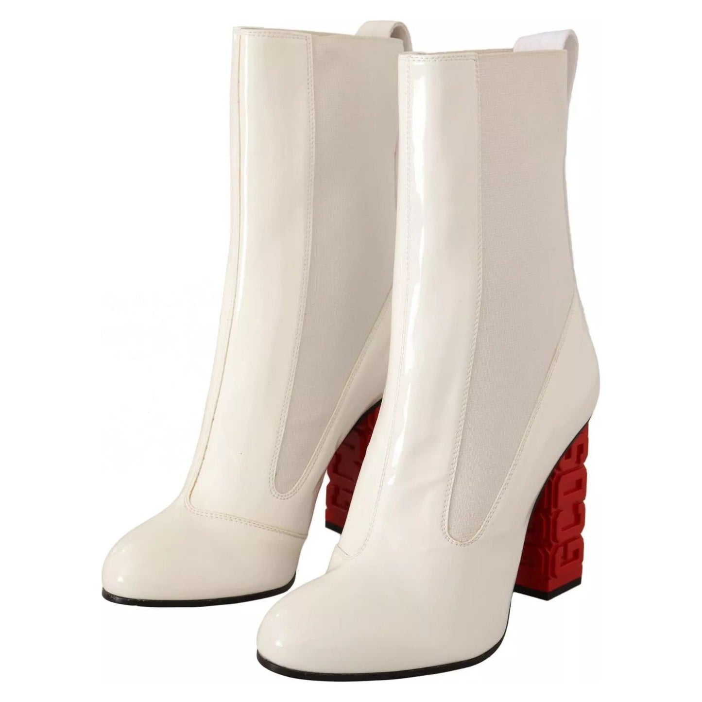 GCDS White Leather Fabric Red Logo Heel Ankle Boots Shoes