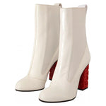 GCDS White Leather Fabric Red Logo Heel Ankle Boots Shoes