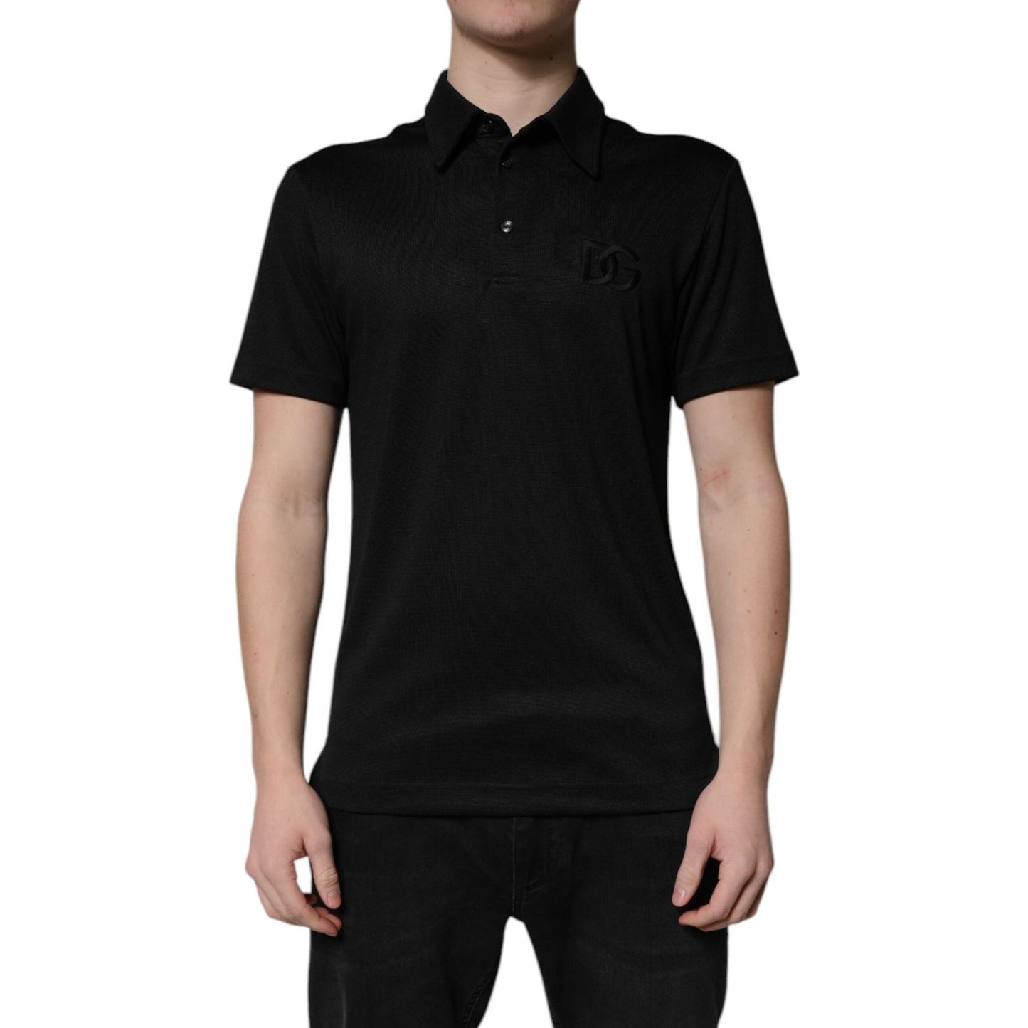 Dolce & Gabbana Black Polyester DG Logo Collared Polo T-shirt