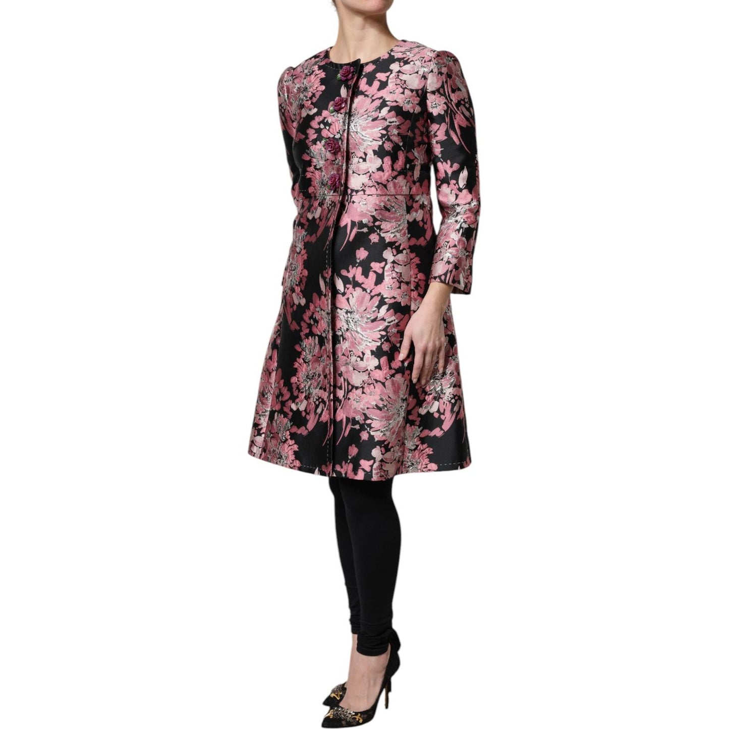 Dolce & Gabbana Pink Black Floral Brocade Trenchcoat Jacket