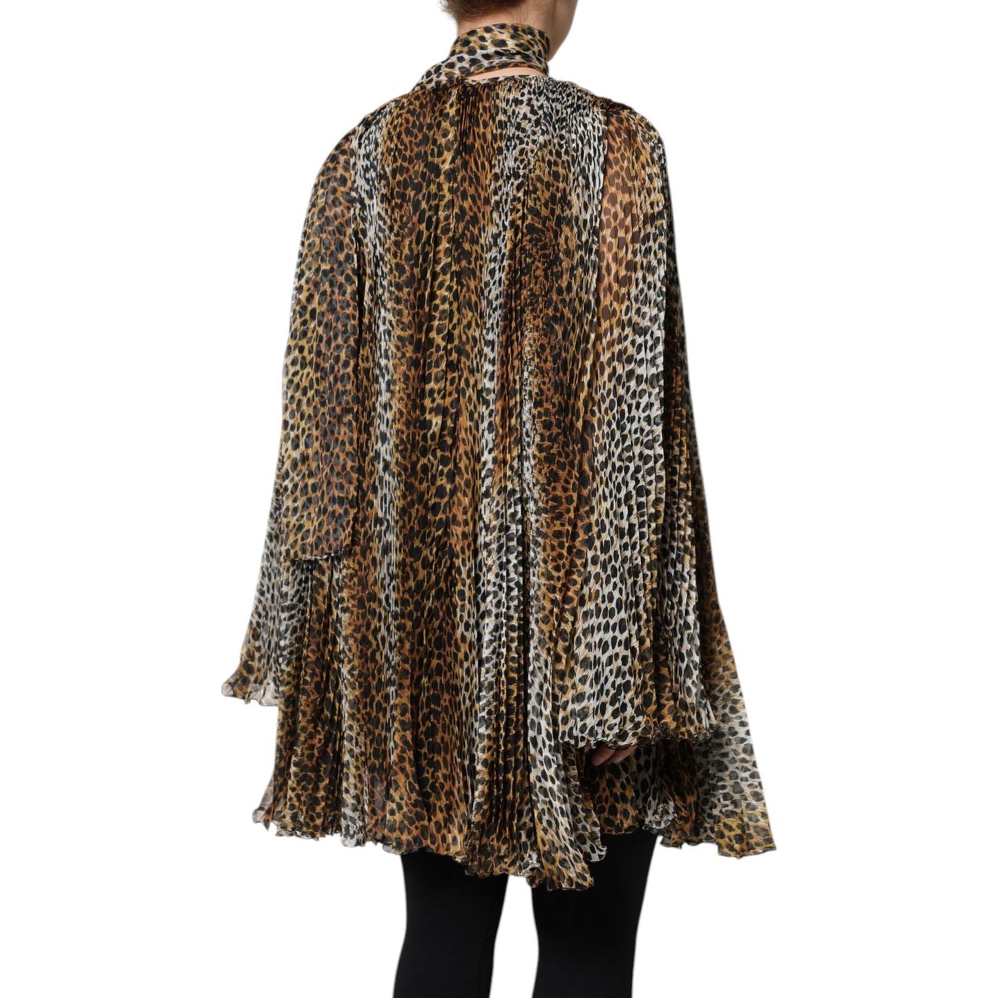 Dolce & Gabbana Brown Leopard Print Scarf Collared Chiffon Dress DR81635-38