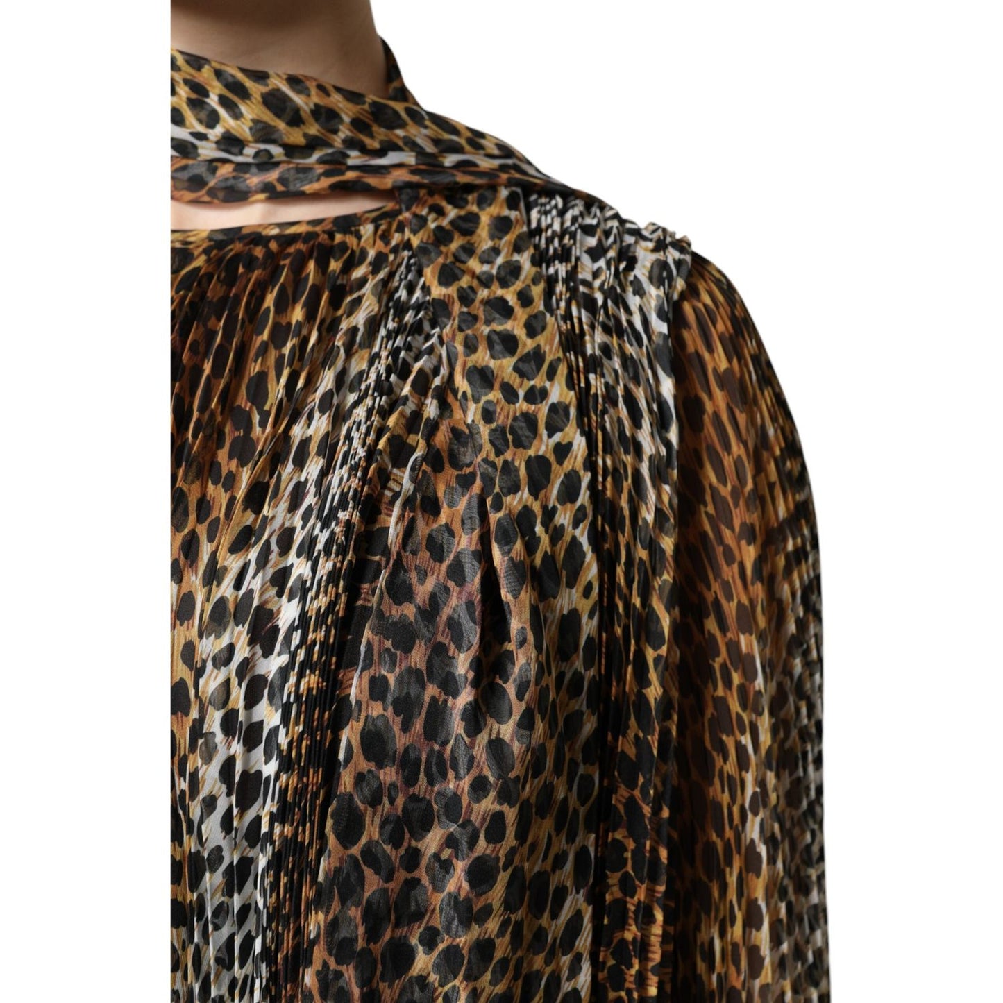Dolce & Gabbana Brown Leopard Print Scarf Collared Chiffon Dress DR81635-38