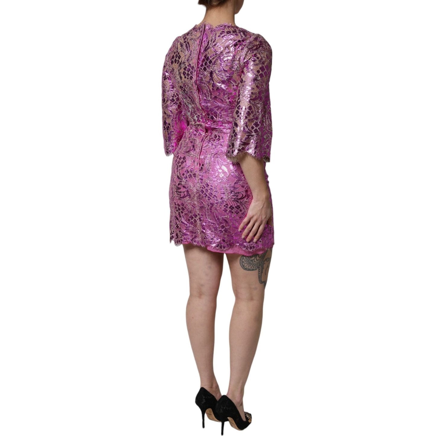 Dolce & Gabbana Metallic Fuchsia Floral Sheath Mini Dress DR81642-36