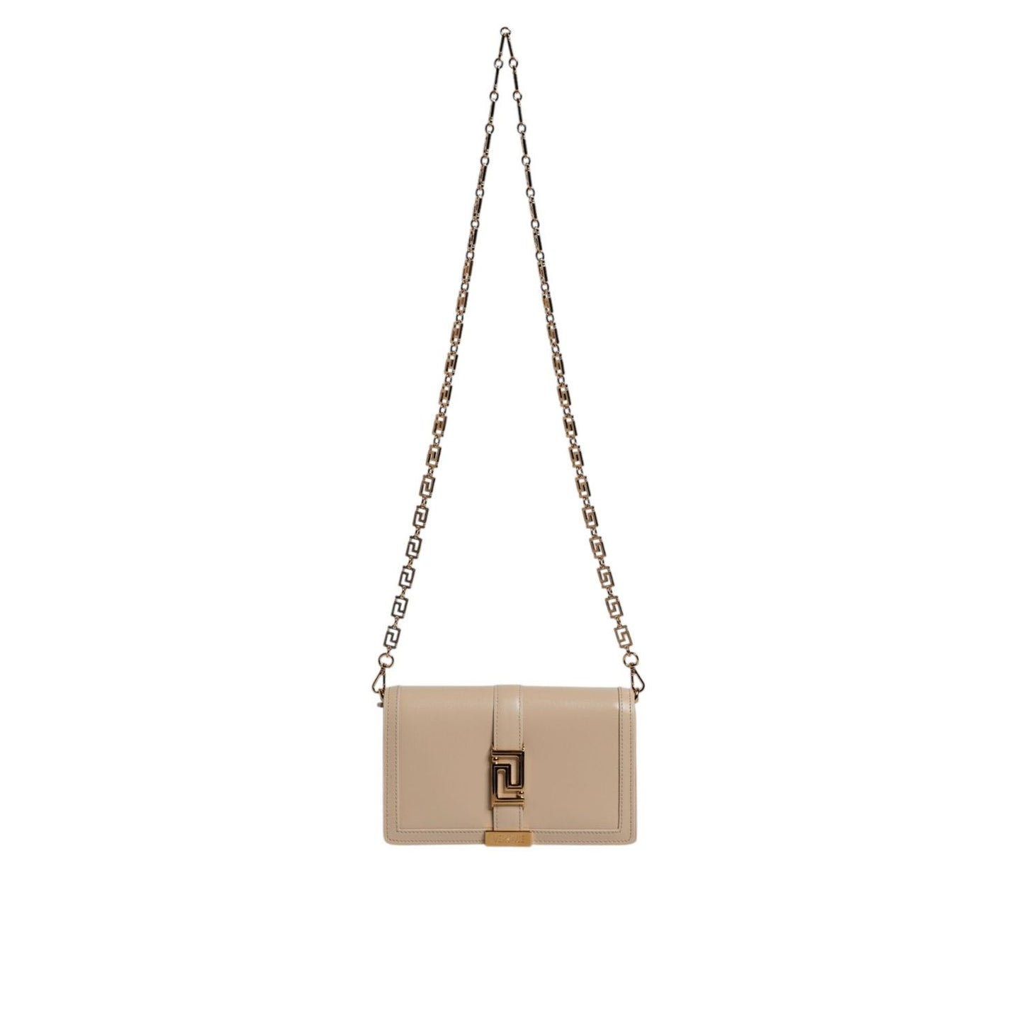 Versace Beige Gold Chain Calf Leather Wallet Crossbody Bag